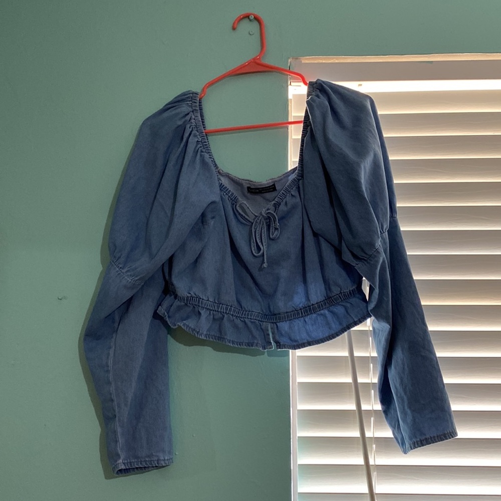 Crop Denim Log Sleeve Blouse